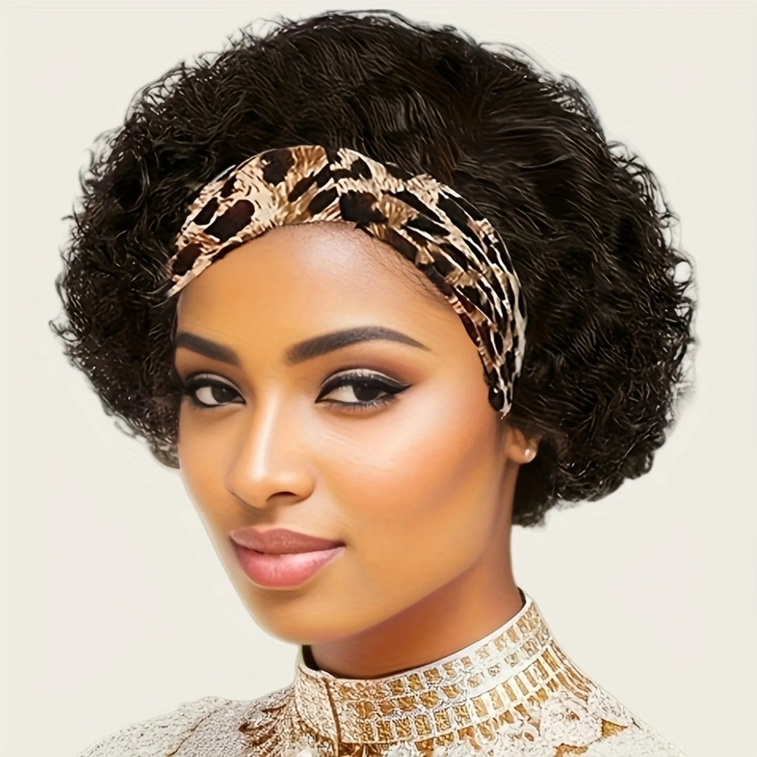 Stylish Pixie Cut Headband Wig for Women -headband wig Short Curly Human Hair, Natural Black, Full Machine Made Wig