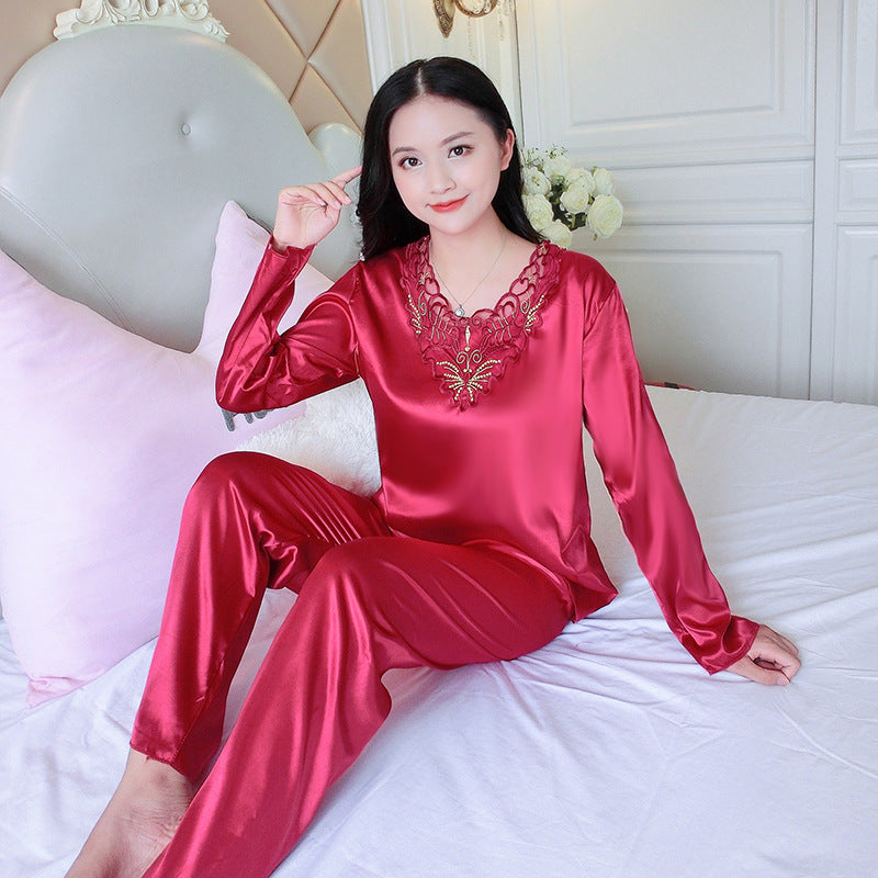 Women's Pajamas Set Summer Long Sleeve And Pants Pyjamas Two-piece Set Pajama Ice Silk Satin Sexy Sleepwear Home Suit Loungewear