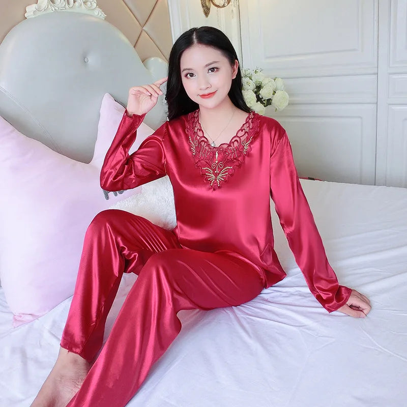 Women's Pajamas Set Summer Long Sleeve And Pants Pyjamas Two-piece Set Pajama Ice Silk Satin Sexy Sleepwear Home Suit Loungewear