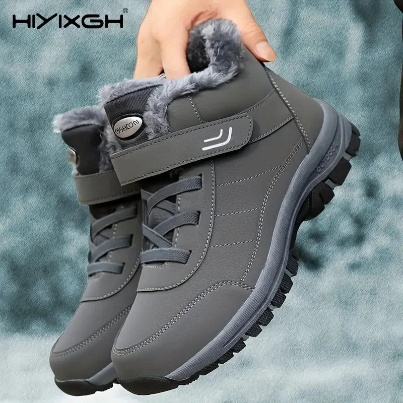 Unisex snøstøvler vinter tykke såler avslappet skinn varm plysj komfortabel utendørs sklisikre tursko bomull eldre