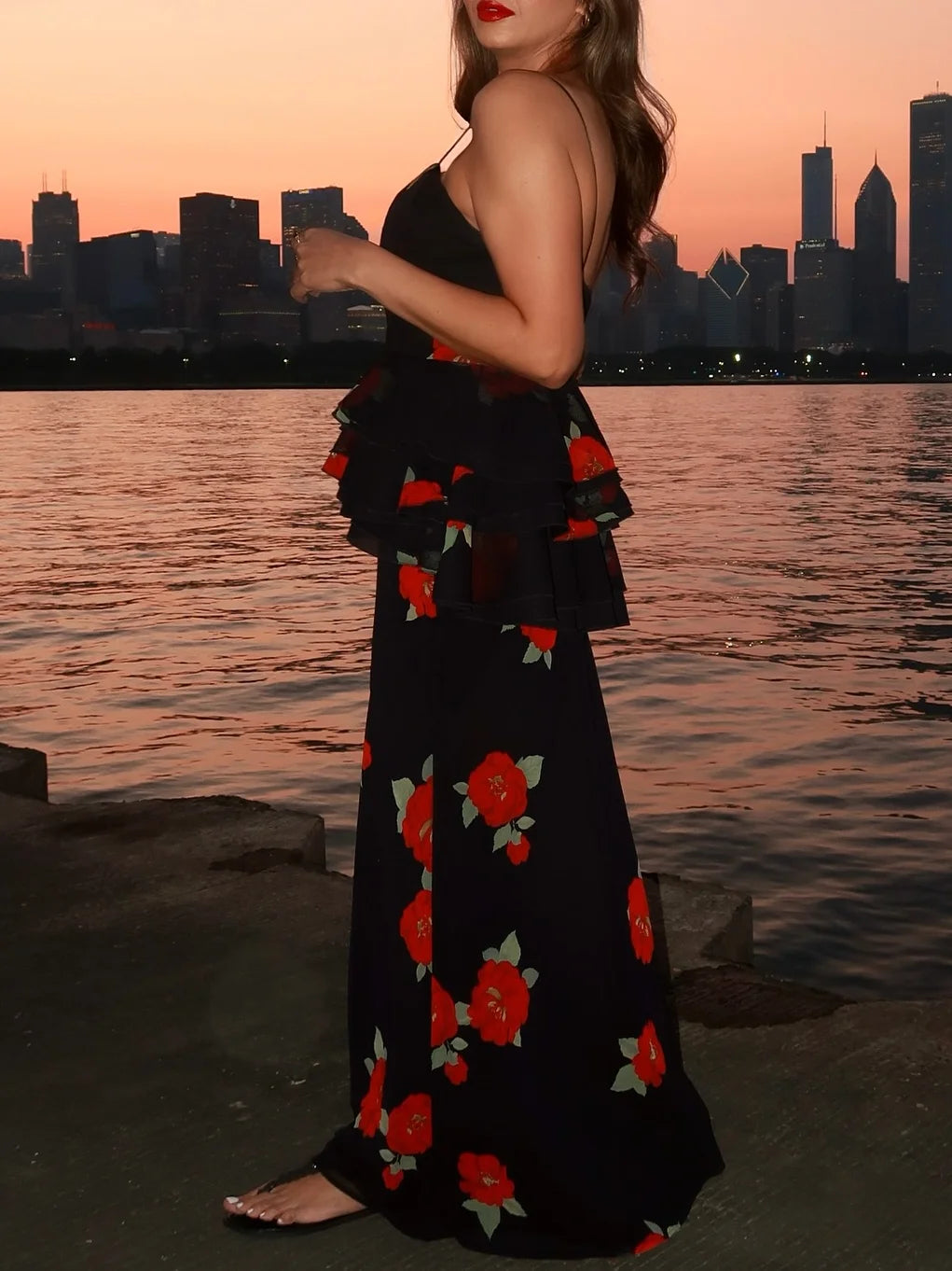 Women's Summer Skirt Sexy Two Piece Set Fashion Flower Print Holiday Party Suspender Top High Waist Slim Midi Skirt