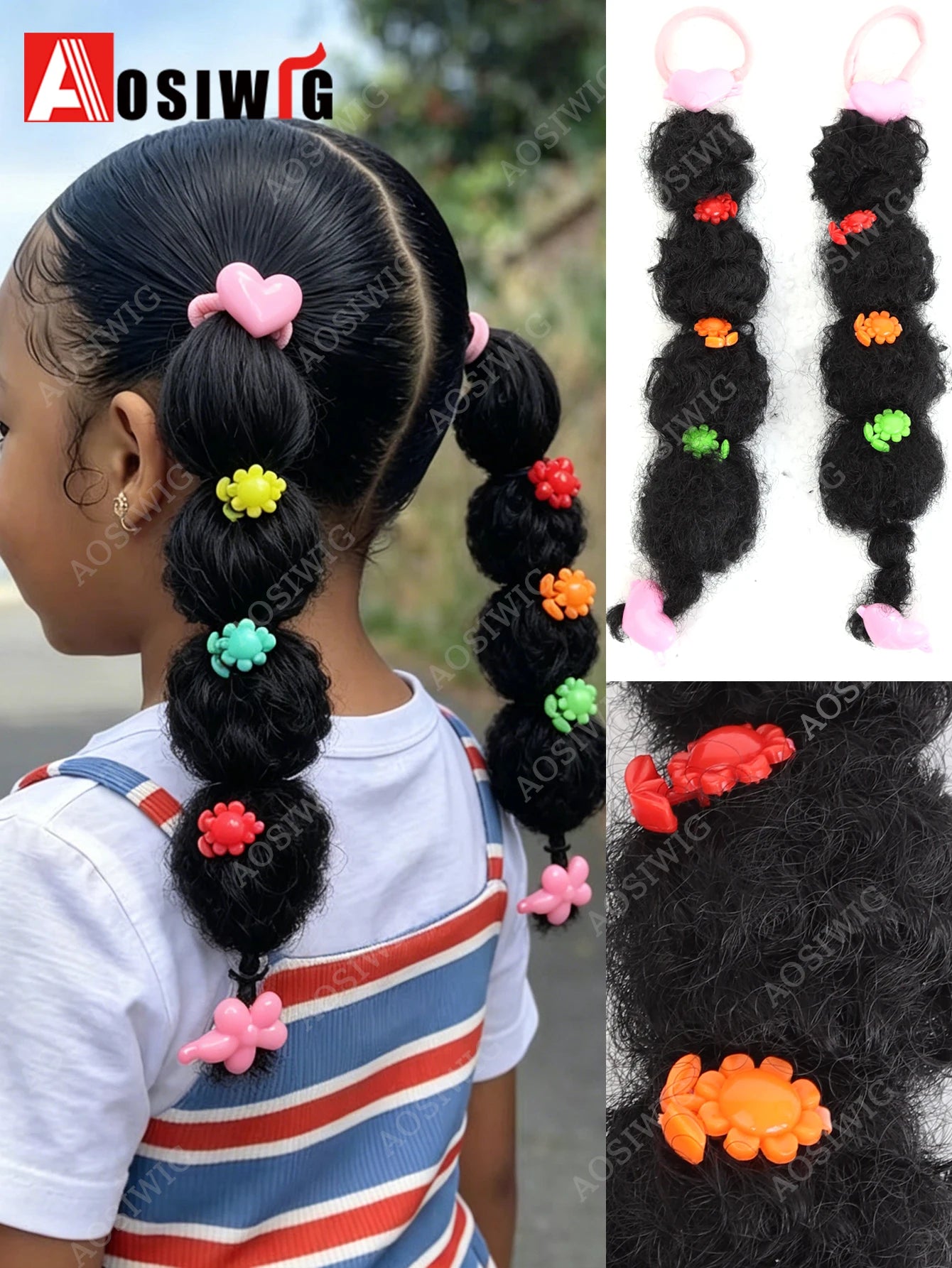 2pcs Kids Synthetic Black Bubble Puff Braid Ponytail Hair Extension With Cute Flower Accessories Wigs Hairpiece Braided Ponytail