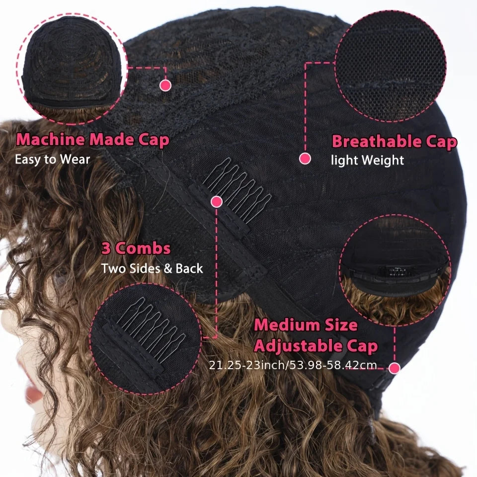 Highlight Short Kinky Curly Human Hair Wigs with Bangs Glueless Wig Brazilian Remy Short Curly Bangs Wig Human Hair for Women