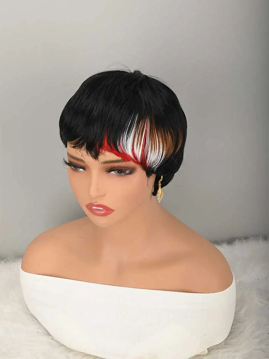 Short Bob Wig for PixieCut wigs Glueless WigNone Front Synthetic Wig withBangs Natural BlackStraight Full MachineMade Short Layered fordaily use