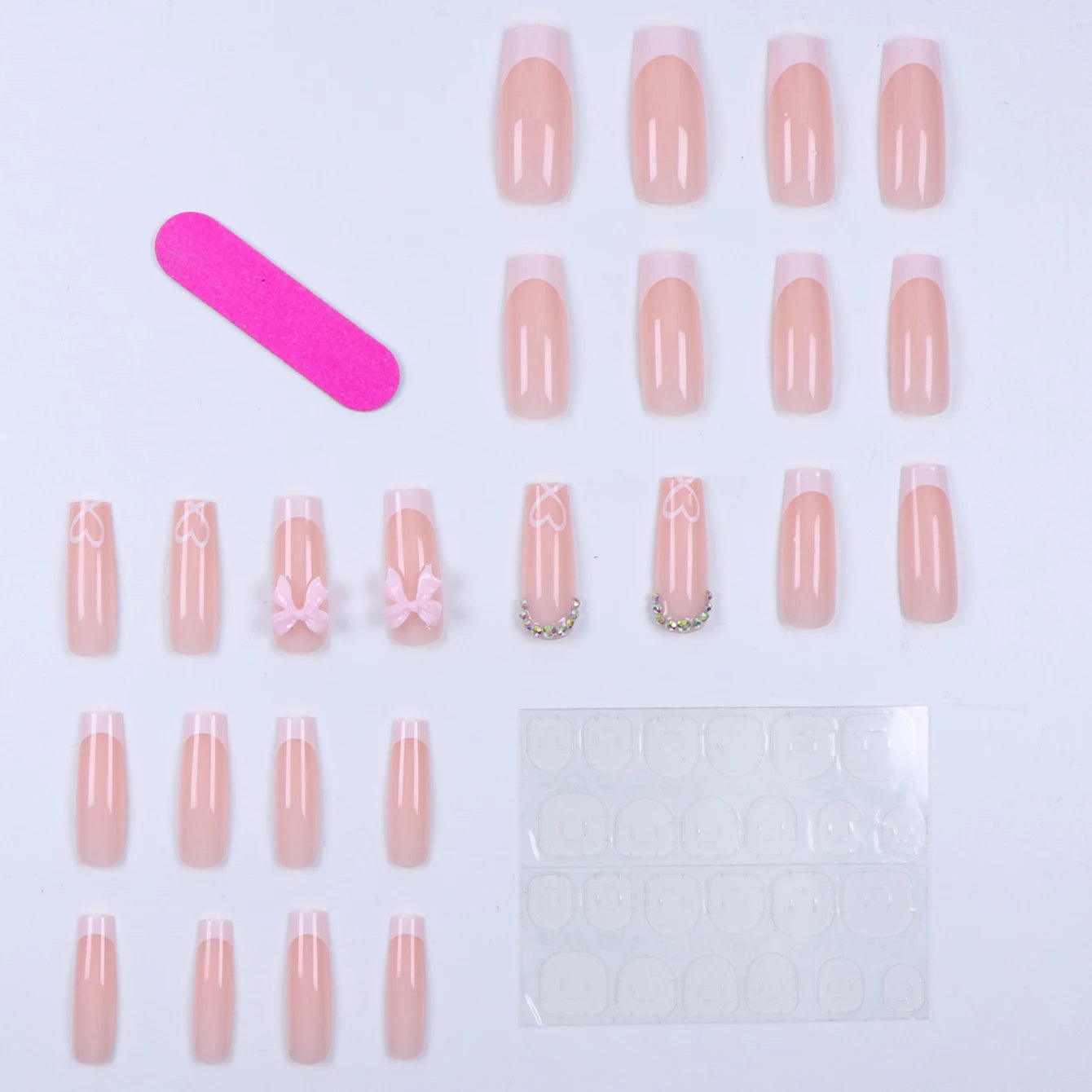 24PCS tube shaped fake nails, pink three-dimensional bow decoration, love pattern, rhinestone embellishing, suitable for fashion