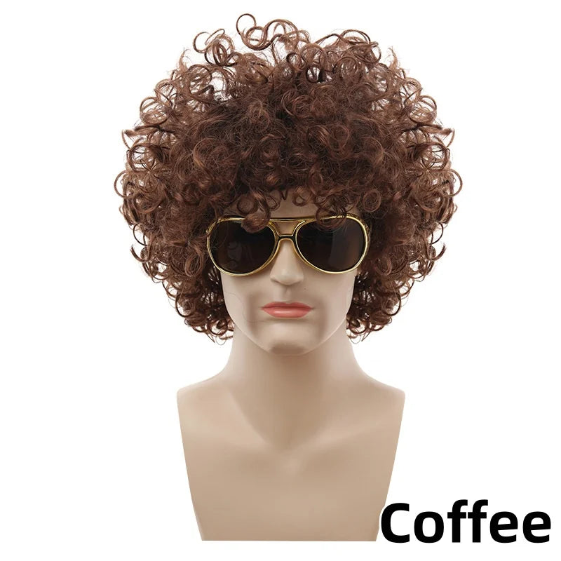 Synthetic Curly Hair Wigs Disco Hippie Rock Punk Afro Wigs Men Women Party Halloween Cosplay Hair Caps Headcover Without Glasses
