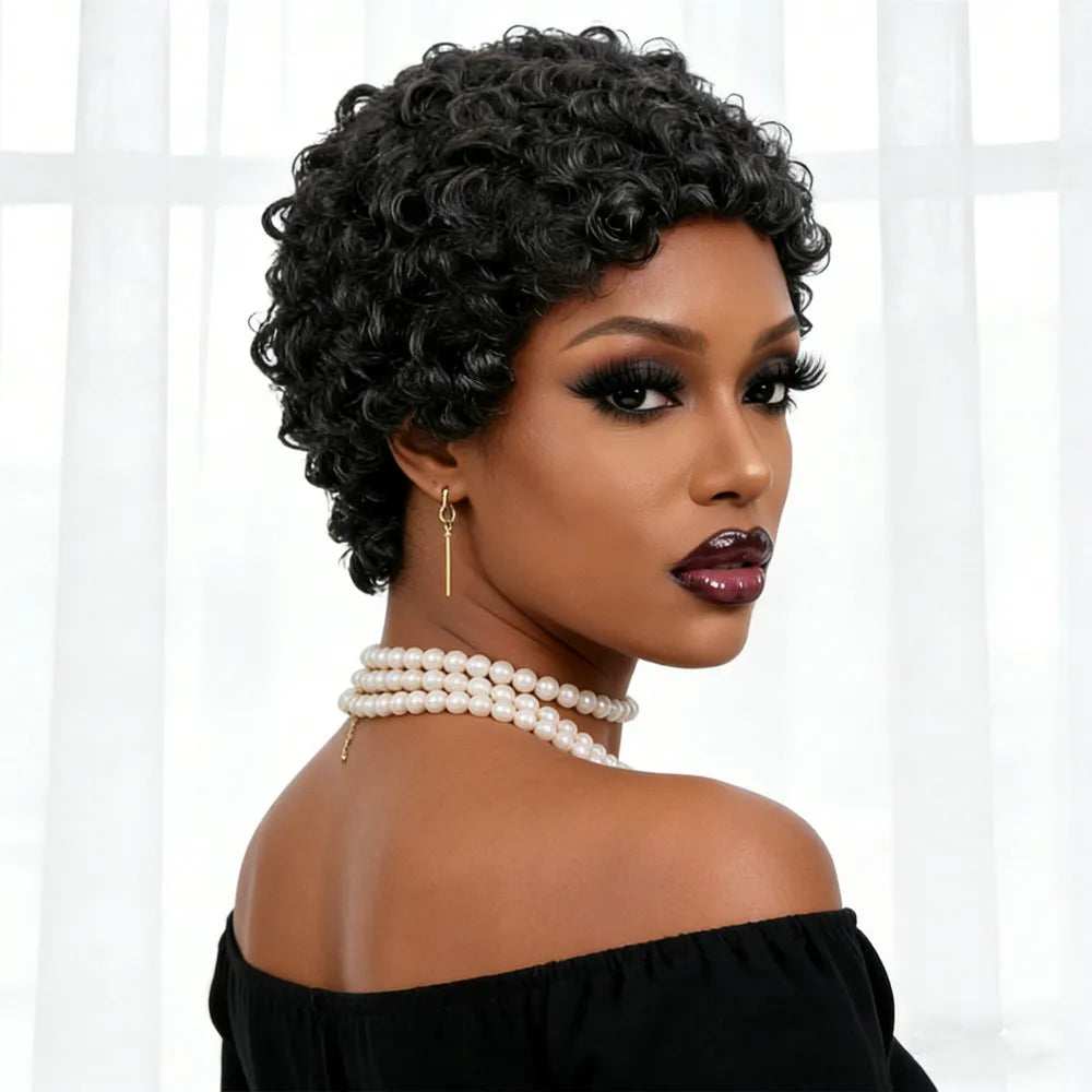 short curly human hair wig 4inch black color short afro curly human hair wig 150% density hair machine made pixie cut