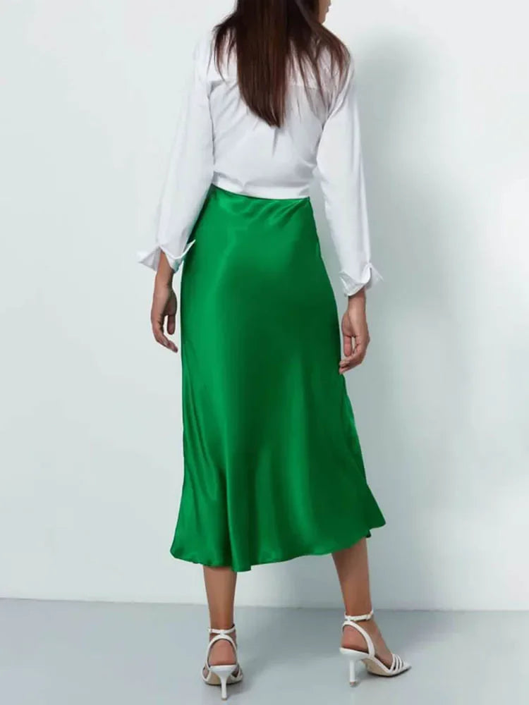 Faldas de satén de seda para mujer estilo coreano color champán para oficina, cintura alta, falda acampanada, moda elegante, falda lápiz larga sólida 2025