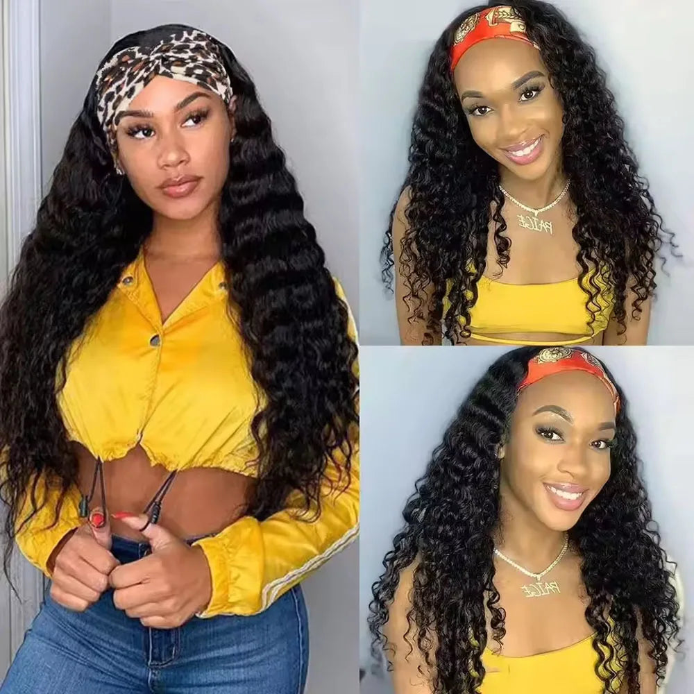 Pelucas con Diadema de Cabello Humano, Ondas Profundas, 250% Sin Encaje, Sin Pegamento, Pelucas Hechas a Máquina, Aptas para Principiantes, Pelucas Rizadass