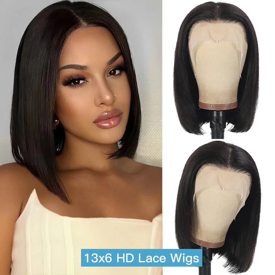 Pelucas de cabello humano Bob 13x6 pelucas delanteras de encaje 220 densidad cortas y lisas Hd Pelucas frontales de encaje transparente Cierre brasileño para mujeres