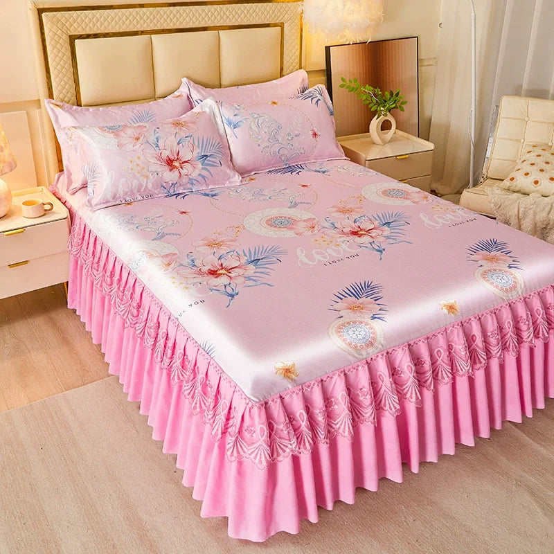 3 deler sommer sengeteppe i skjørtstil, sengeteppe i blonder i europeisk stil, tredelt sett i skjørtstil, sengeteppe i madrass, støvbeskyttelse