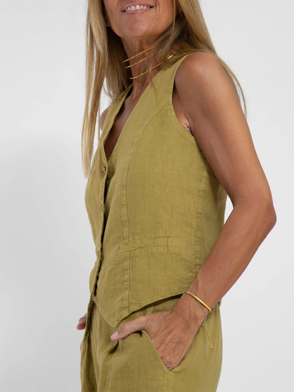 Conjuntos de chaleco y pantalón de moda para mujer, de algodón liso, traje informal, top sin mangas con botones de patchwork + pantalones, conjunto de 2 piezas para la oficina