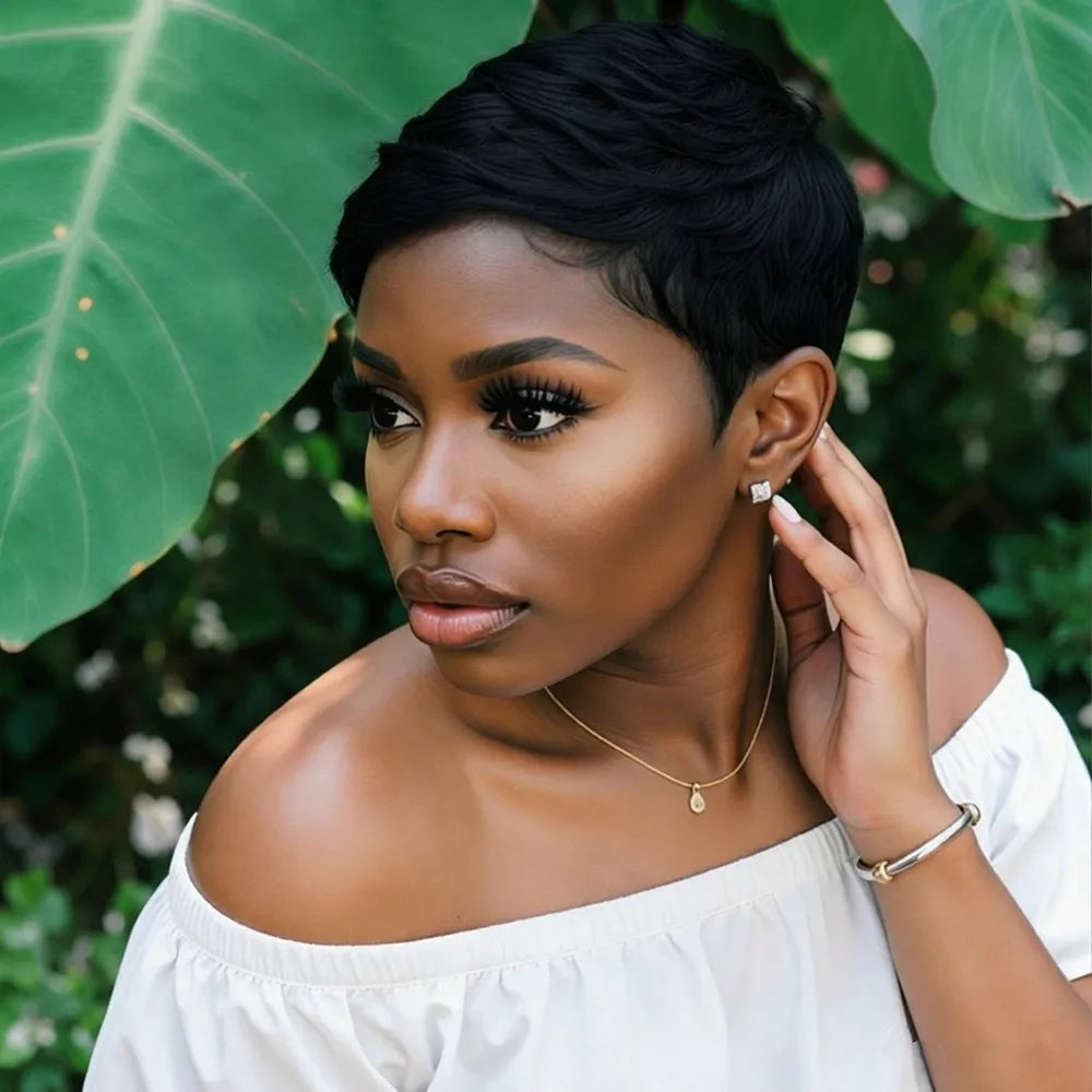 150%density 4inch short layered pixie cut human hair wig summer wig machine made hair wig for women natural black/99j color