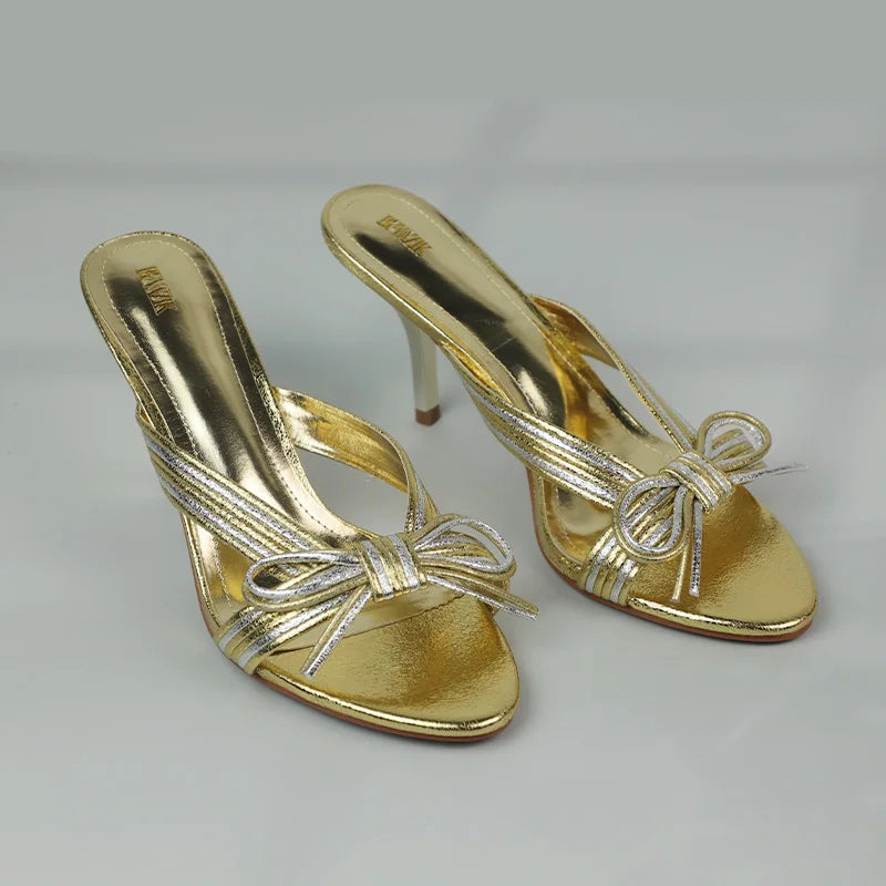 Mules à talons hauts dorées de luxe pour femmes, sandales à bout ouvert, élégantes, chaussures d'été à talons aiguilles, chaussures de soirée classiques avec nœud
