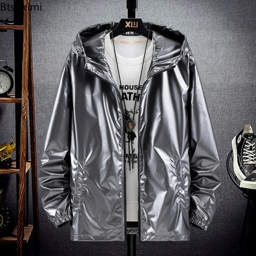 Chaquetas con capucha de superficie brillante para hombre, para senderismo, pesca, deportes al aire libre, cortavientos, estilo fino, abrigos de tendencia, ropa de hombre 7XL