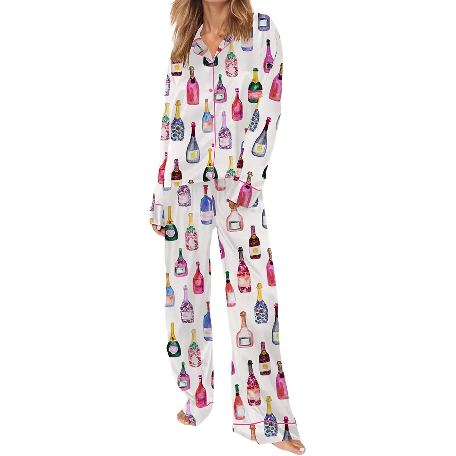 Conjuntos de pijamas de satén para mujer, 2 piezas, botella de champán, copas de vino, camisa de manga larga con botones, pantalones, ropa de satén de seda para estar en casa