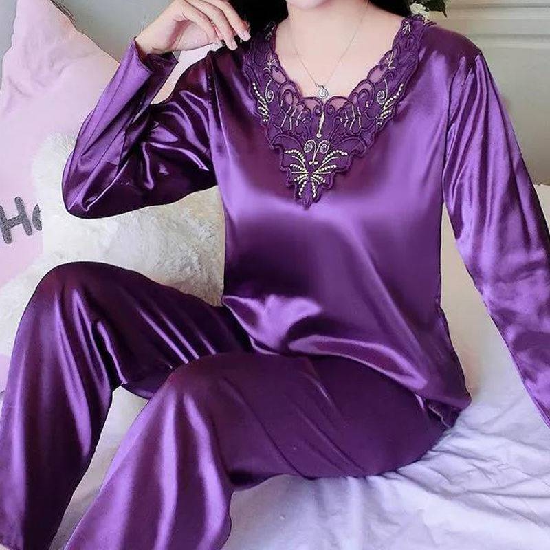 Women's Pajamas Set Summer Long Sleeve And Pants Pyjamas Two-piece Set Pajama Ice Silk Satin Sexy Sleepwear Home Suit Loungewear