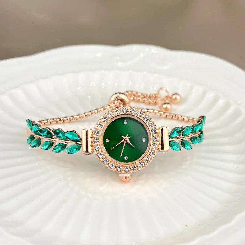 New fashion diamond-encrusted leaf round women's watch simple dial freely adjust cross-border gift watches