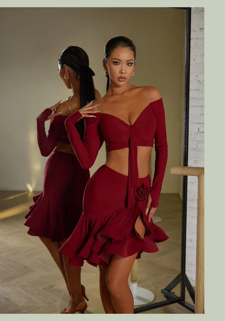 Sexy Off Shoulder Latin Top Ruffled Skirts Latin Dance Costume Stage Performance Clothes Samba Tango Dance Wear Set for Women