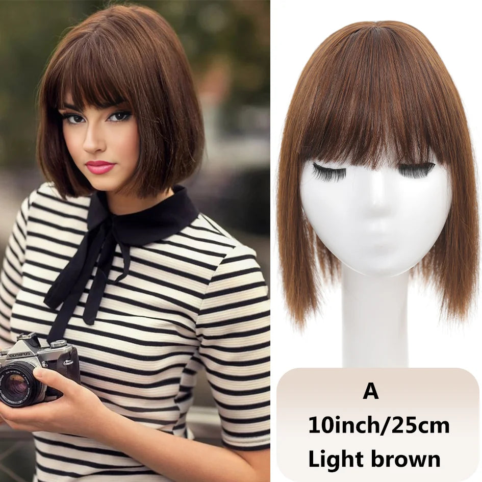 Syntetisk dameparykk med rett hår, 25 cm/30 cm pannelugg, topperstatning, tre kort, svart parykk/brun parykk/beige parykk/khaki parykk