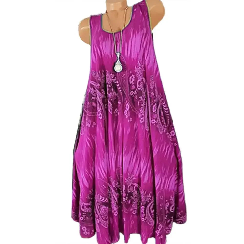 Vestido de verano para mujer, estampado floral, cuello redondo, sin mangas, holgado, plisado, talla grande