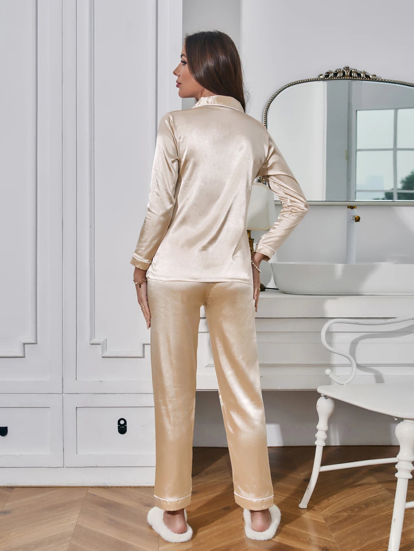 Conjunto de pijama liso de manga larga con botones y cuello tipo solapa, top y pantalones, conjunto de ropa de dormir y de estar para mujer