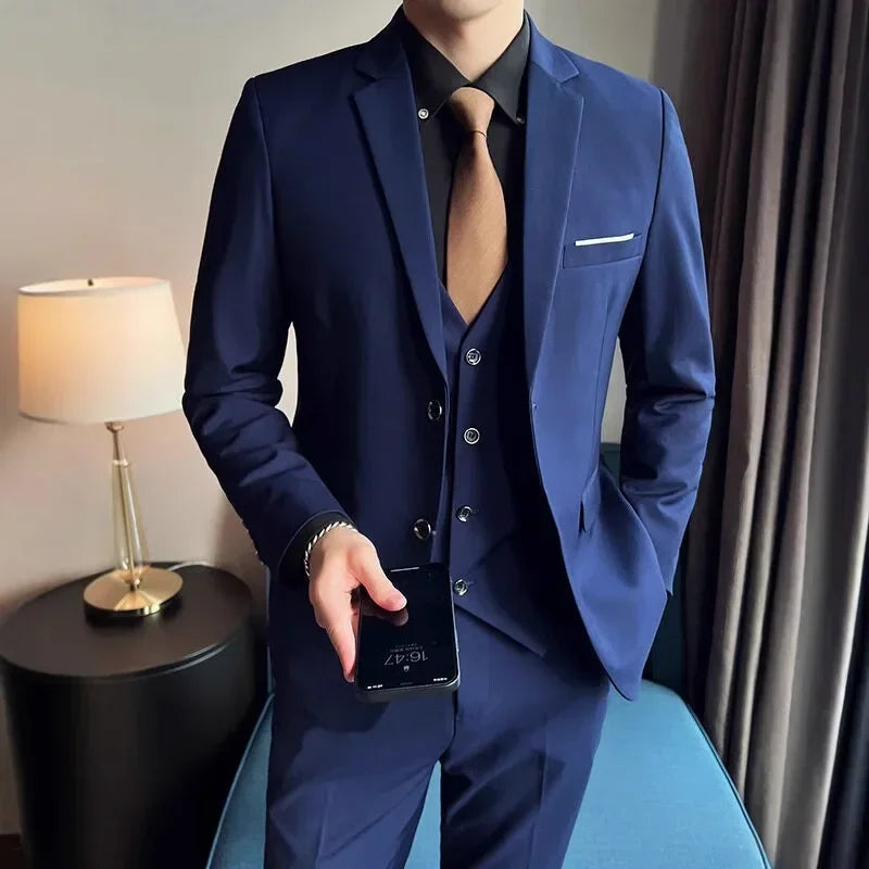 Traje (blazer + chaleco + pantalón) de hombre, elegante, de negocios, estilo británico, color liso, para banquete, anfitrión o boda, informal