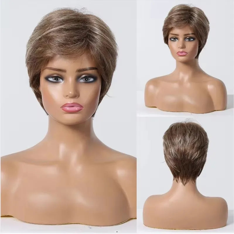 Short Pixie Cut Silvery Gray Blend Hair Wigs for Women with Bangs Ash Natural Straight Layered Human Hair Mixed Synthetic Fiber
