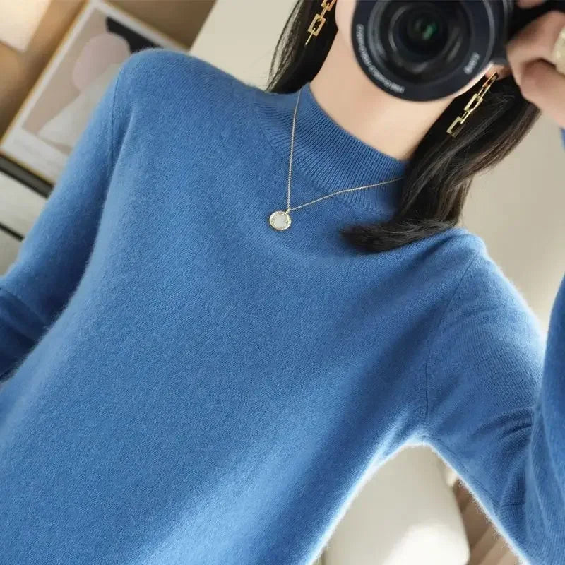 Suéter de mujer otoño invierno, camisas base cálidas casuales, cuello simulado, tejido básico, jerséis de manga larga, moda coreana