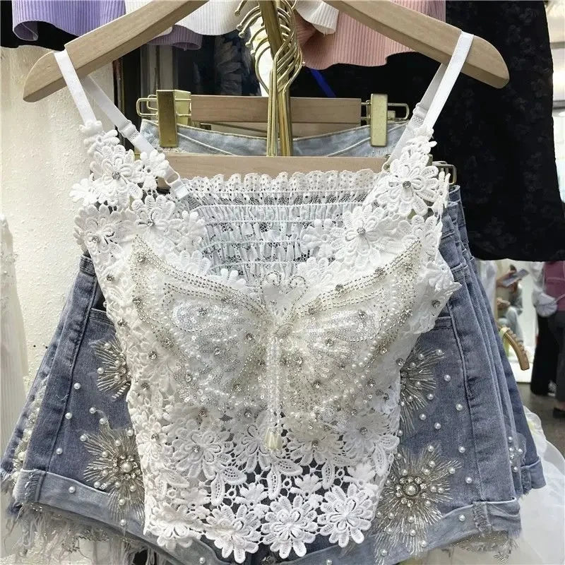 Ropa de mujer, top corto sexy con abalorios pesados y estampado floral, top de encaje de mariposa, top corto que deja el ombligo al descubierto, camiseta de tirantes de verano.