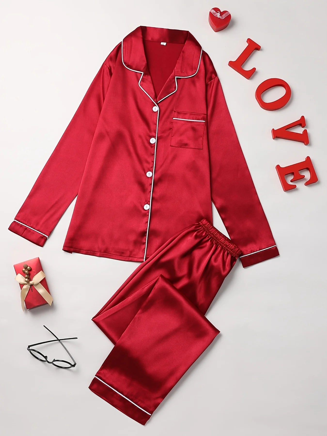 Conjunto de pijama liso de manga larga con botones y cuello tipo solapa, top y pantalones, conjunto de ropa de dormir y de estar para mujer