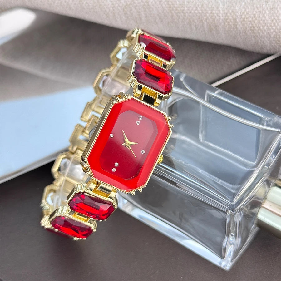 reloj de señora estilo europeo y americano de moda con esfera de diamantes de imitación, caja rectangular de color con cadena de diamantes de imitación, sección grande de mujer