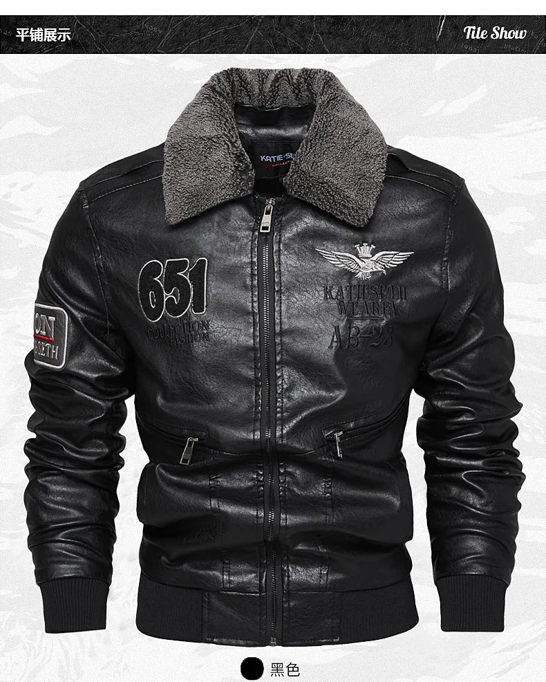 Chaquetas de moto para hombre de moda otoño/invierno casual de cuero bordadas estilo aviador en invierno terciopelo PU Jacke