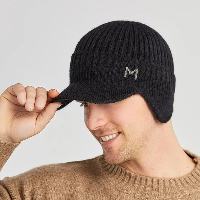Winter Warm Knitted Beanie with Brim and Ear Flap,Outdoor Warm Fleece Lined Beret Cap for Men Women,Suitable for Daily Commuting