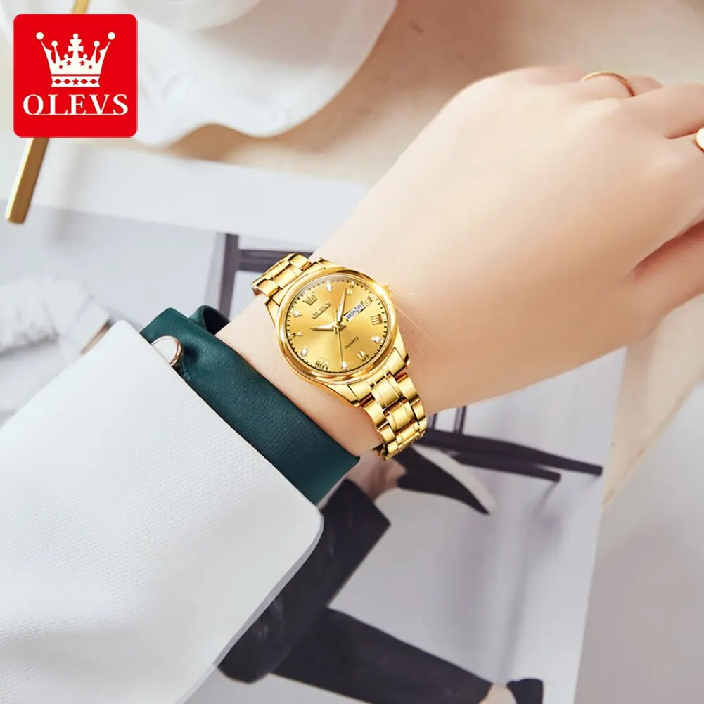 OLEVS Reloj de pulsera para mujer, relojes originales para mujer, de acero inoxidable impermeable, de lujo, de cuarzo, reloj de pulsera para mujer, dorado, Reloj Hombre