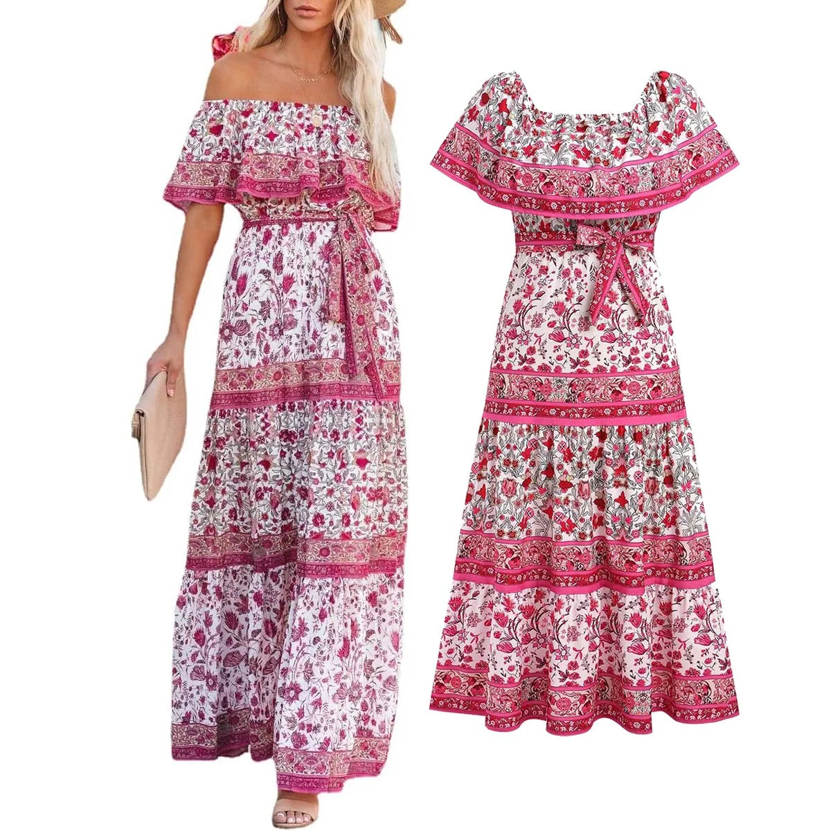 Vestido mexicano tradicional étnico mexicano del Cinco de Mayo con estampado floral de verano y hombros descubiertos para mujer