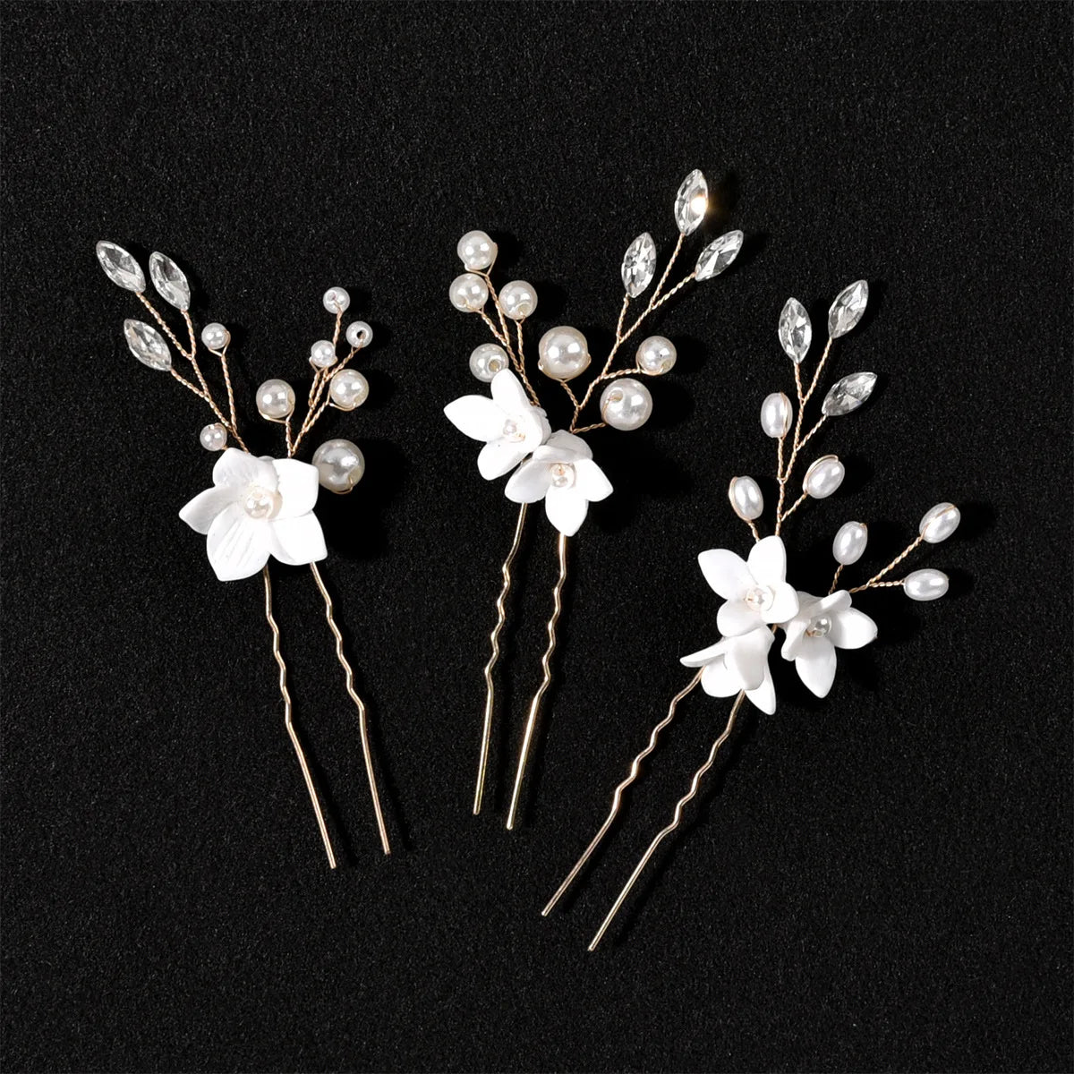 Horquilla en forma de U de 3 piezas con perlas y flores para mujer, accesorios de aleación para el pelo, tocado de joyería para boda