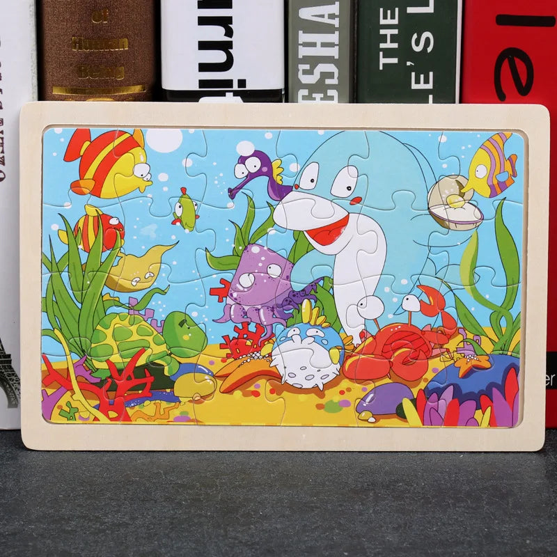 Rompecabezas de madera de 24 piezas para niños, diseño de animales de dibujos animados, juguete educativo temprano de madera para niños, regalo