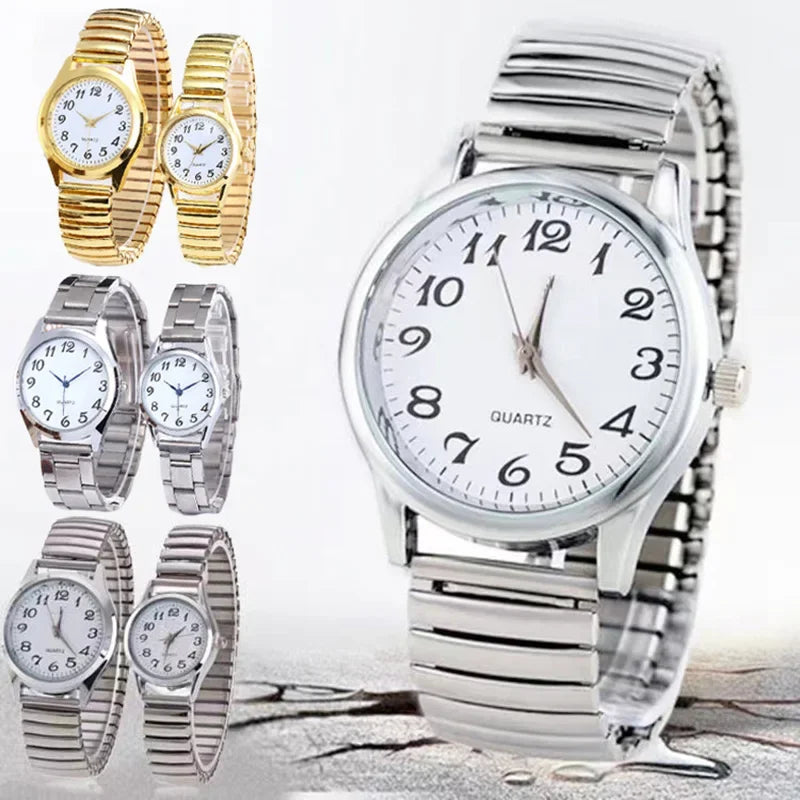 Relojes de pulsera para hombre y mujer, correa de acero inoxidable, aleación, para amantes, movimiento de cuarzo, correa elástica