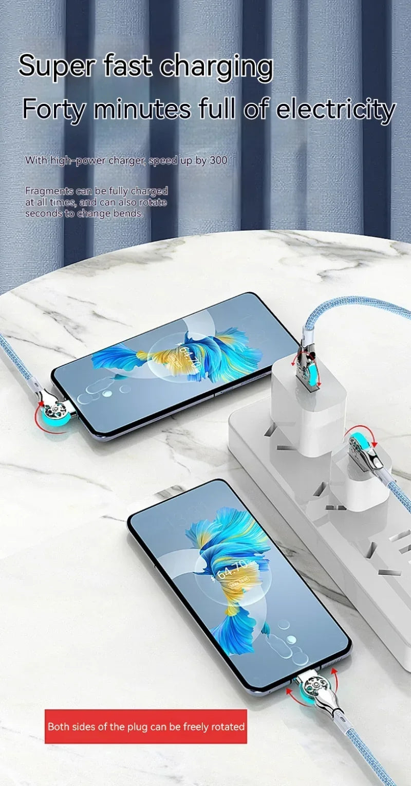 Cable de carga rápida con rotación dual de 180° Tipo C Micro USB Cargador con luz Aleación de zinc Cable de datos trenzado para Android iPhone