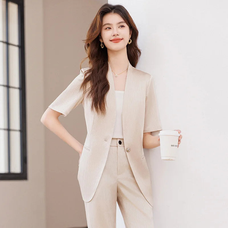 Damebuksedress med belte Sommer Kortermet V-hals Blazer og bukser Sett Elegant Kontorarbeidstøy Lilla Mote 2025