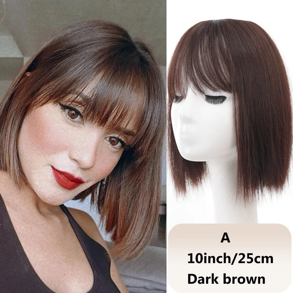 Syntetisk dameparykk med rett hår, 25 cm/30 cm pannelugg, topperstatning, tre kort, svart parykk/brun parykk/beige parykk/khaki parykk