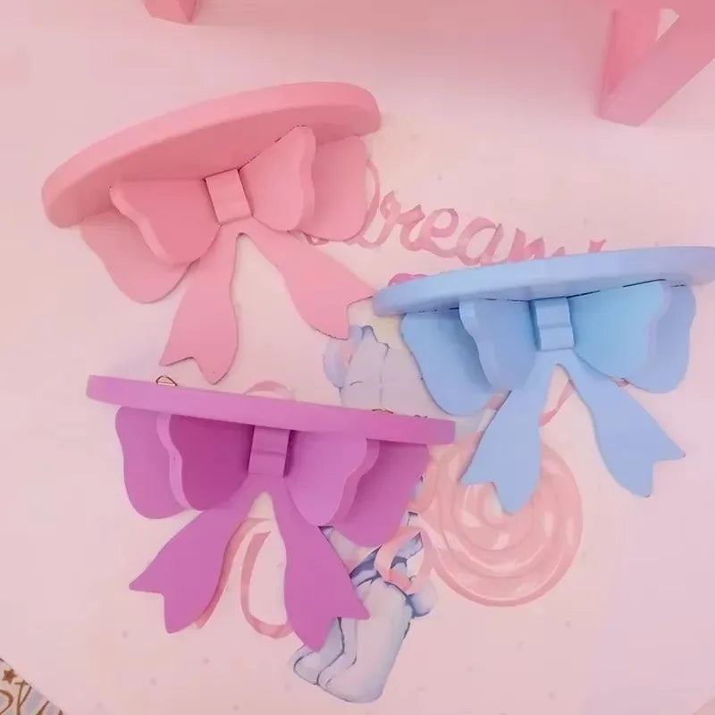 Wooden Decorative Shelves Girls' Room Organizer Holder Pink Wall Shelf Decor Frame Bows Decoration Wooden Storage Rack