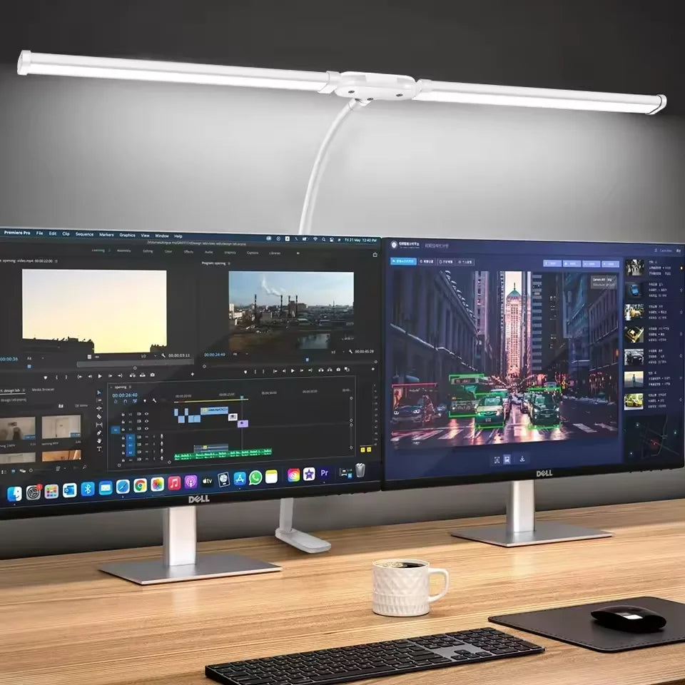 Lámpara de escritorio LED de oficina para el hogar, doble cabezal, atenuación continua, luces de lectura que cuidan la vista, 3 modos de color, lámparas de mesa de PC ajustables y flexibles