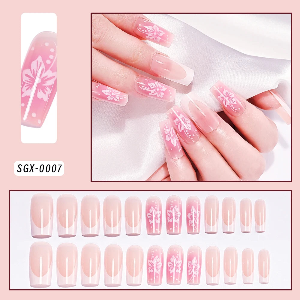Uñas postizas de leopardo rosa de 24 piezas con punta francesa, cabeza cuadrada corta, lazo negro 3D, uñas postizas acrílicas de cobertura completa a presión
