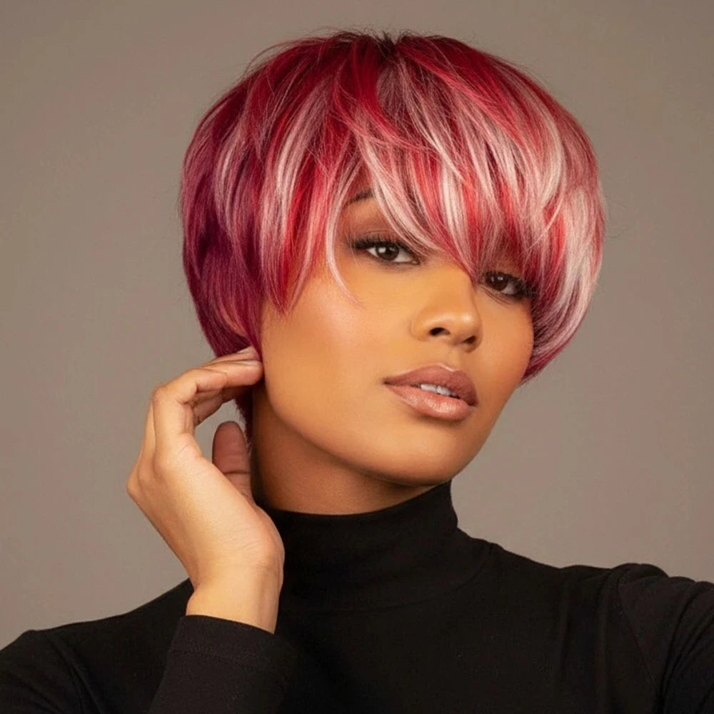  Peluca de cabello humano rubio y 99J corto Pixie, peluca lisa con gorra de red de rosa, hecha a máquina, de aspecto natural, peluca de pelo corto 