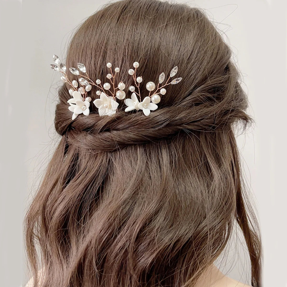 Horquilla en forma de U de 3 piezas con perlas y flores para mujer, accesorios de aleación para el pelo, tocado de joyería para boda