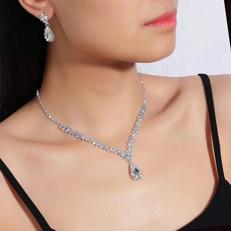Ensemble de bijoux de mariée, 3 pièces, collier et boucles d'oreilles en cristal et strass, tendance et simple, pour femmes, accessoires, cadeau