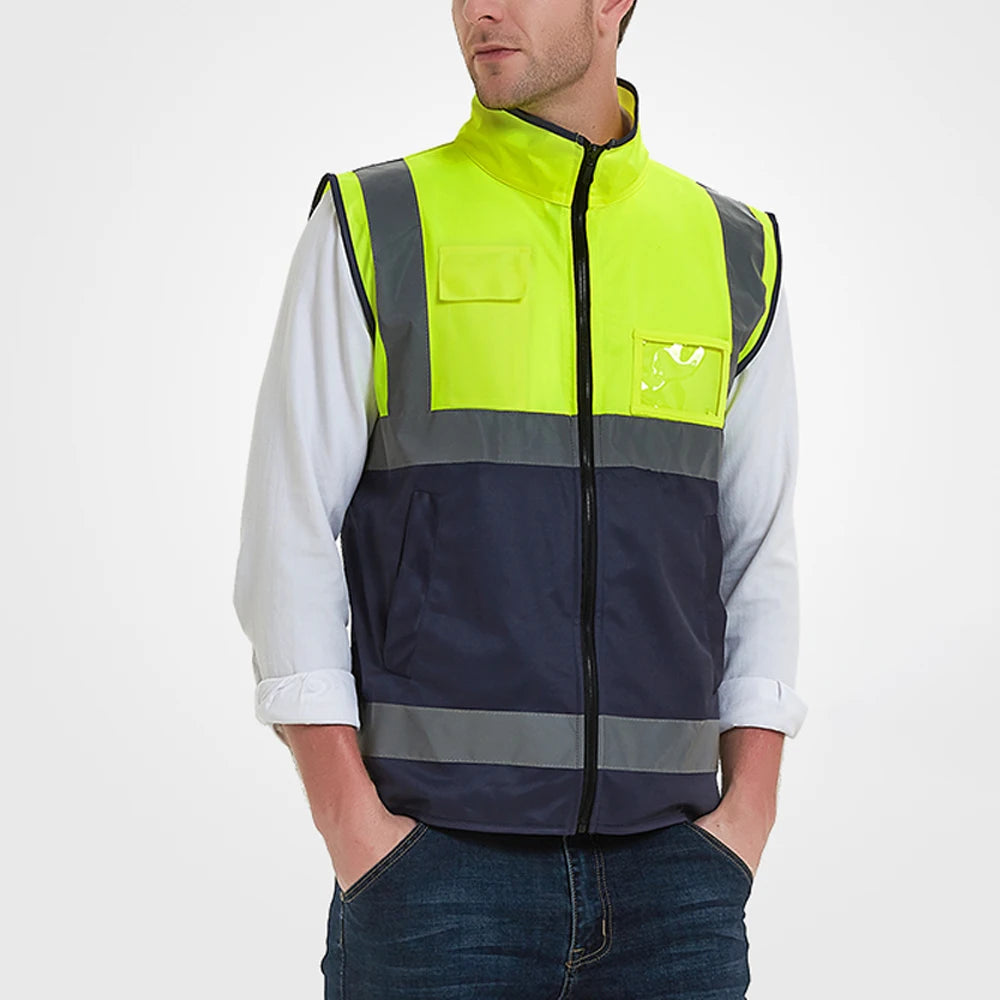 Gilet de travail avec plusieurs poches, fermeture éclair sur le devant, gilet de sécurité haute visibilité, uniforme de travail de construction bicolore