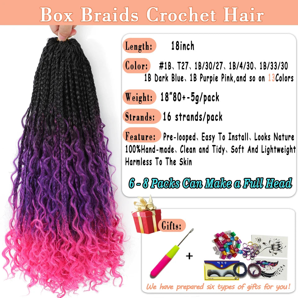 18" Long Boho Braids Extensions Goddess Box Braids Crochet Hair Black Purple Pink Synthetic Braiding Hair Bohemian Hippie Braids